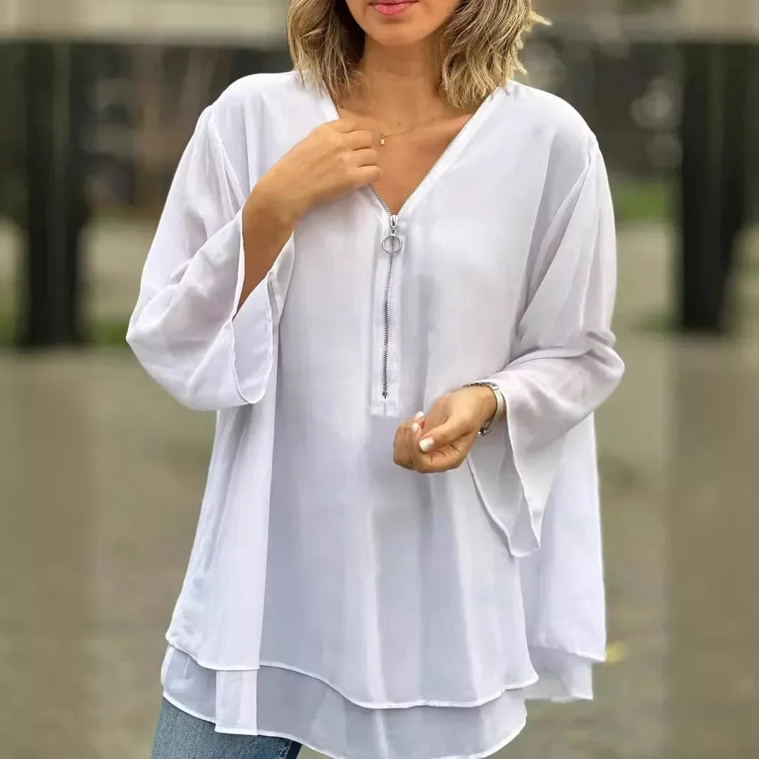 Blusa Margiela™ com Decote V Regulável e Barra em Duas Camadas / Leve, Fresca e Incrivelmente Versátil!